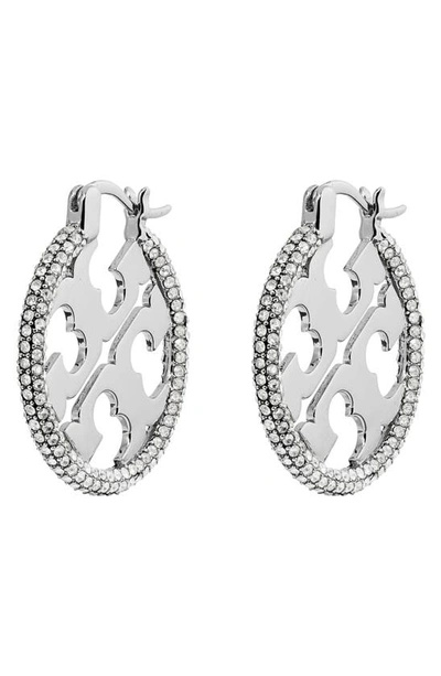 Shop Tory Burch Miller Pavé Hoop Earrings In Tory Silver / Crystal