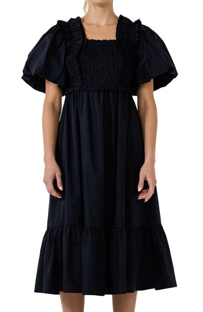 Shop English Factory Ruffle Smocked Cotton Dress In Black
