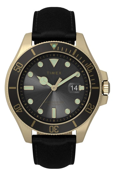 Shop Timex Harborside Coast Leather Strap Watch, 43mm In Gold/ Black/ Black