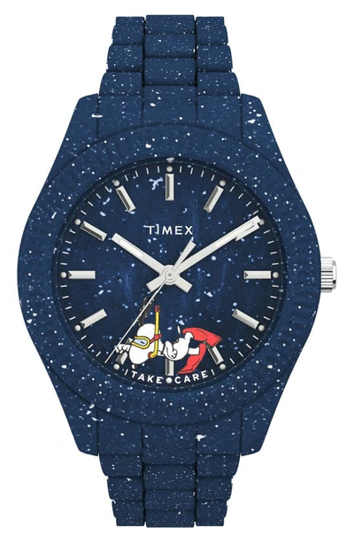 Shop Timex Waterbury Ocean X Peanuts® Recycled Plastic Bracelet Watch, 37mm In Dark Blue/ Dark Blue