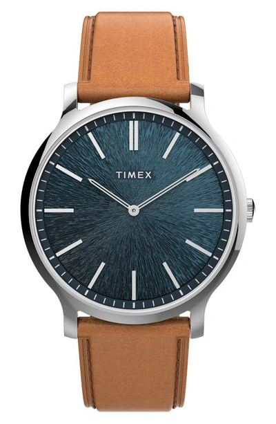 Shop Timex 3h Leather Strap Watch, 40mm In Silver/ Blue/ Tan
