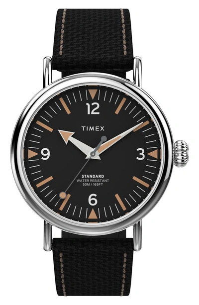 Shop Timex Standard Leather Strap Watch, 40mm In Silver/ Black/ Black