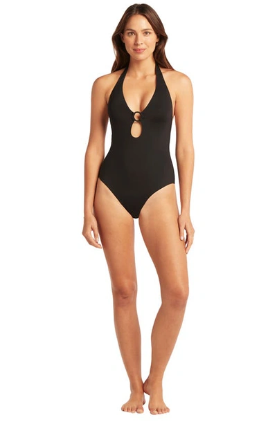 Shop Sea Level Keyhole Halter One-piece Swimsuit In Black
