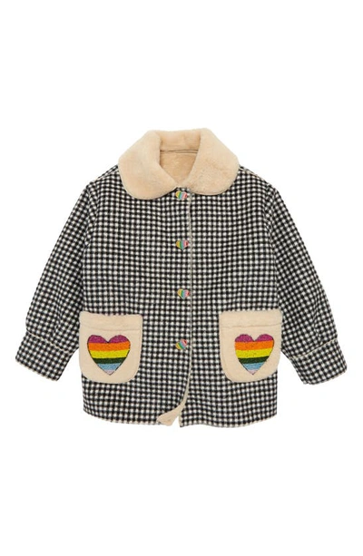Shop Lola & The Boys Lola + The Boys Kids' Check Embellished Faux Fur Lined Wool Coat In Black And White