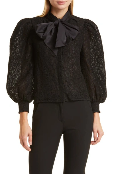 Shop Alice And Olivia Brentley Tie Neck Lace Blouse In Black