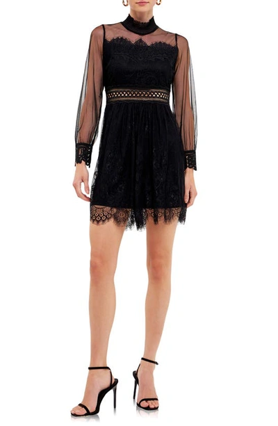 Shop Endless Rose Mixed Lace Long Sleeve Cocktail Dress In Black