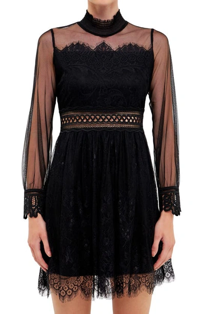 Shop Endless Rose Mixed Lace Long Sleeve Cocktail Dress In Black