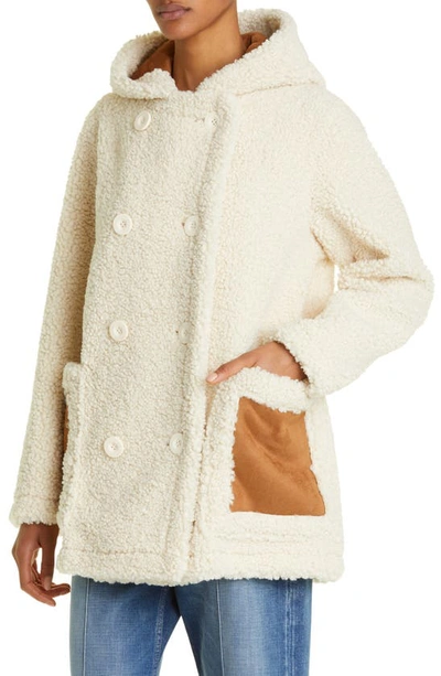 Shop Stand Studio Khalessi Double Breasted Faux Shearling Hooded Coat In Off White/ Tan