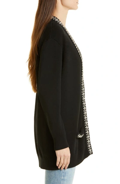 Shop Alice And Olivia Bradford Crystal Detail Stretch Wool Blend Cardigan In Black