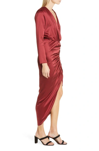 Shop Veronica Beard Cameri Ruched Long Sleeve Stretch Silk Midi Dress In Cabernet