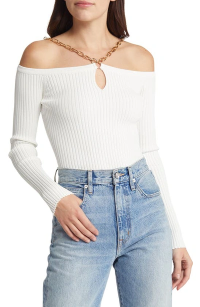 Shop Moon River Chain Detail Off The Shoulder Rib Sweater In Ivory