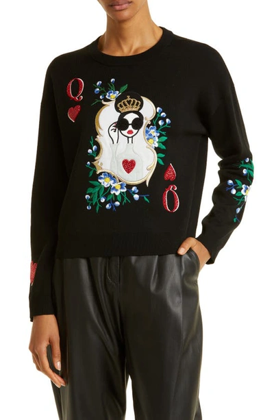 Shop Alice And Olivia Gleeson Stace Face Stretch Wool Sweater In Black/multi