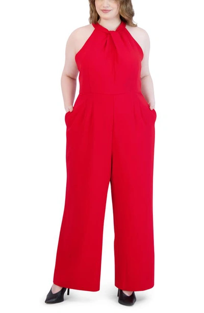 Julia Jordan Sleeveless Twisted Halter Wide Leg Jumpsuit In Red