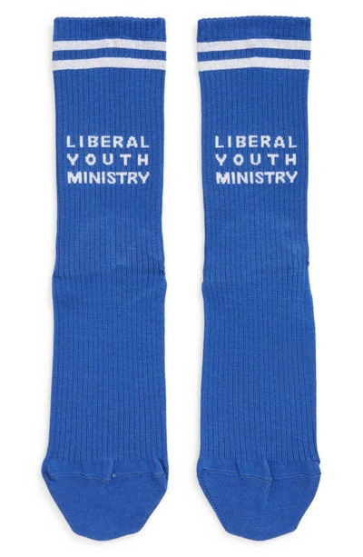 Shop Liberal Youth Ministry Intarsia Logo Rib Crew Socks In Blue