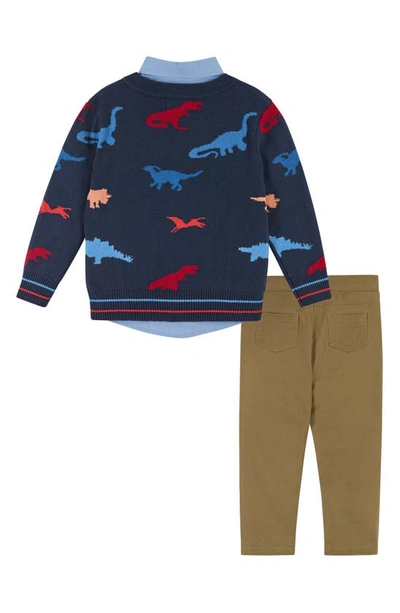 Shop Andy & Evan Kids' Jacquard Cardigan, Button-up Shirt & Pants Set In Navy Dino