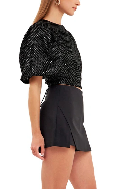 Endless Rose Sequin Lace-up Puff Sleeve Crop Top In Black