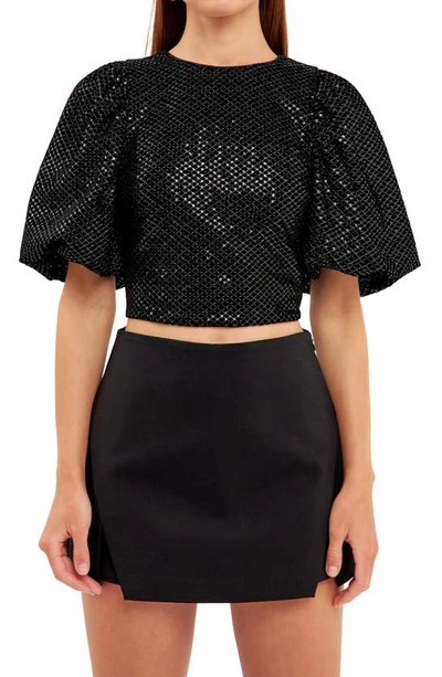 Endless Rose Sequin Lace-up Puff Sleeve Crop Top In Black