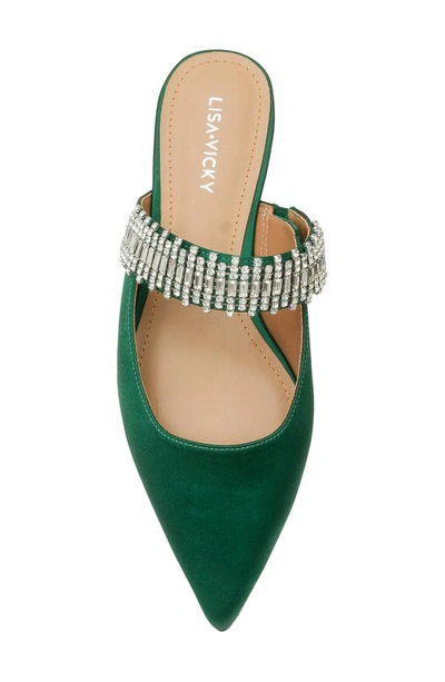 Shop Lisa Vicky Move Crystal Embellished Pointed Toe Satin Flat In Dark Green