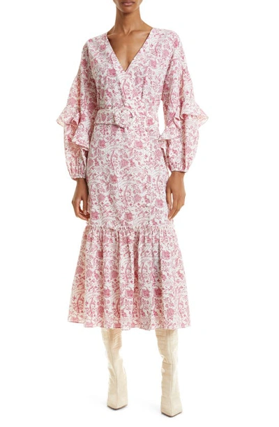 Shop Ted Baker Daritaa Print Belted Long Sleeve Midi Dress In Ivory