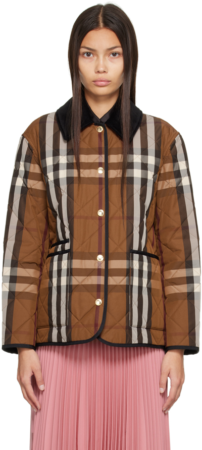 Shop Burberry Brown Check Diamond Quilted Jacket In Dark Birch Brown