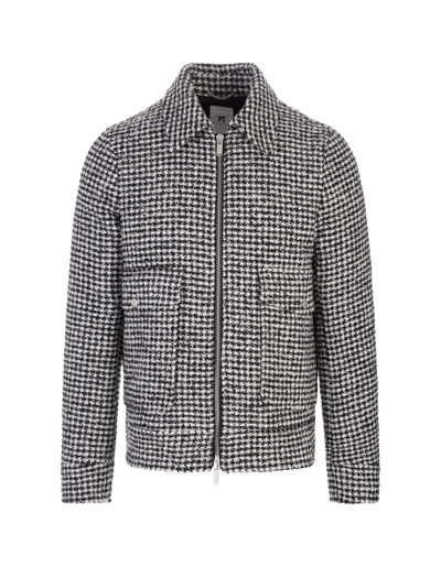 Shop Pt01 Man Black And White Houndstooth Fabric Bomber Jacket In Nero