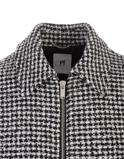 Shop Pt01 Man Black And White Houndstooth Fabric Bomber Jacket In Nero