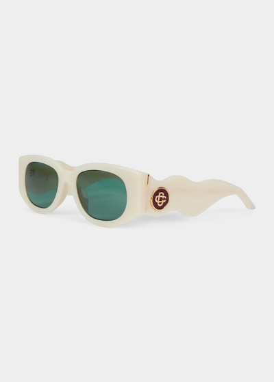 Shop Casablanca Men's Wave Sun Monogram Oval Sunglasses In Cream/gold/green