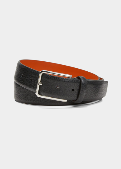 Shop Santoni Men's Rectangle Buckle Grained Leather Belt In Black