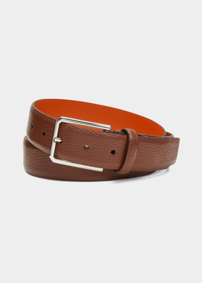Shop Santoni Men's Grained Leather Belt In Lt Brown