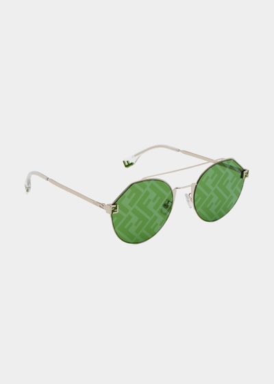 Shop Fendi Men's Monogram-lens Round Sunglasses In Green Mirror