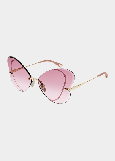 Shop Chloé Semi-rimless Metal Butterfly Sunglasses In Gold / Magenta