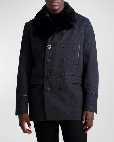 Shop Karl Lagerfeld Men's Wool Peacoat W/ Faux Fur Collar In Charcoal Black