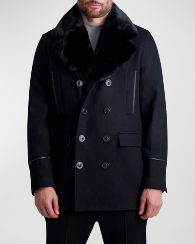 Shop Karl Lagerfeld Men's Wool Peacoat W/ Faux Fur Collar In Black Black