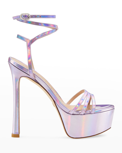 Shop Stuart Weitzman Soiree Iridescent Ankle-strap Platform Sandals In Amatista