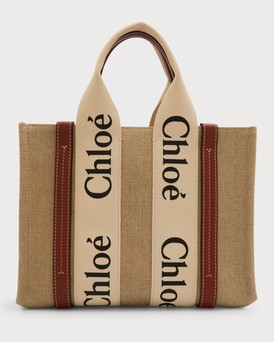 Shop Chloé Woody Small Tote Bag In Linen With Crossbody Strap In White/brown