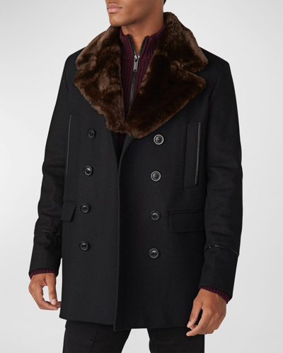 Shop Karl Lagerfeld Men's Wool Peacoat W/ Faux Fur Collar In Brn/blk