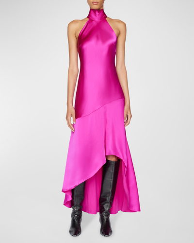 Shop Frame Silk High-low Halter Midi Dress In Magenta