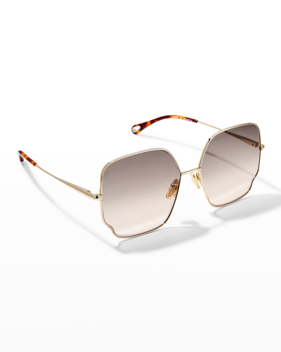 Shop Chloé Oversized Geo Rectangle Metal Sunglasses In Shiny Classic