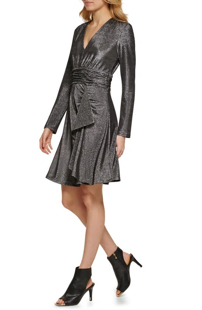 Shop Dkny Sparkle Long Sleeve Faux Wrap Knit Dress In Black/ Silver