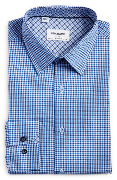 Duchamp Plaid Print Long Sleeve Tailored Fit Dress Shirt In Navy