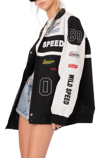 Edikted Wild Speed Patch Jacket In Black-and-white