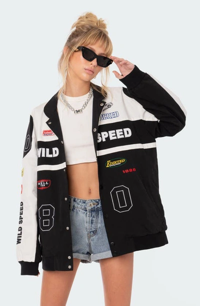 Edikted Wild Speed Patch Jacket In Black-and-white