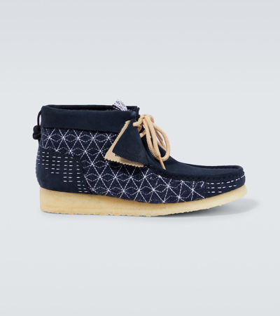 Shop Clarks Originals Wallabee Embroidered Suede Boots In Navy