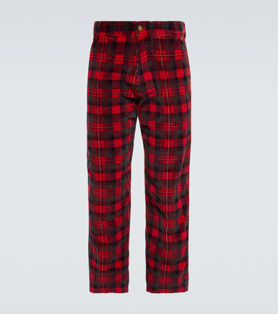 Shop Erl Checked Cotton Corduroy Pants In Red