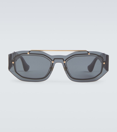 Shop Versace Medusa Biggie Rectangular Sunglasses In Transparent Dark Grey
