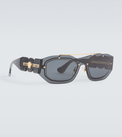 Shop Versace Medusa Biggie Rectangular Sunglasses In Transparent Dark Grey