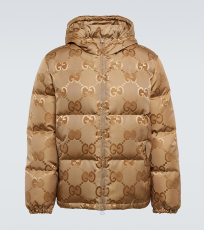 Shop Gucci Jumbo Gg Down Jacket In Khaki/mix