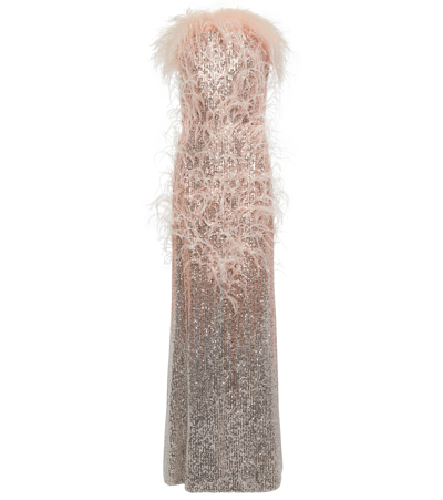 Shop Elie Saab Feather-trimmed Sequined Gown In Silver-nude