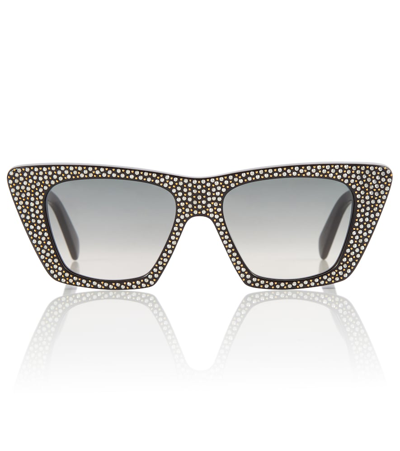 Shop Celine Embellished Cat-eye Sunglasses In Shiny Black / Gradient Brown