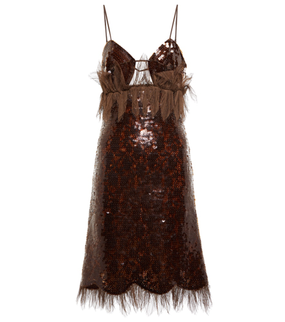 Shop Bottega Veneta Sequined Linen-blend Minidress In Dark Chestnut